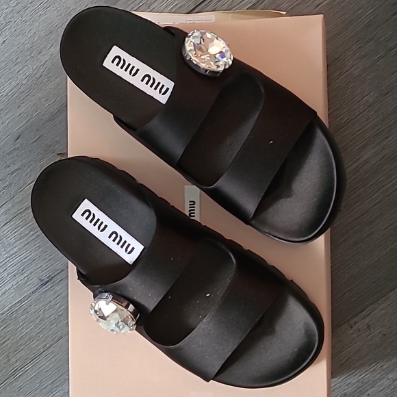 Miu Miu Black Leather Slides Shoes Sandals Crystal Embellishment NWB Size 36 - Picture 1 of 4